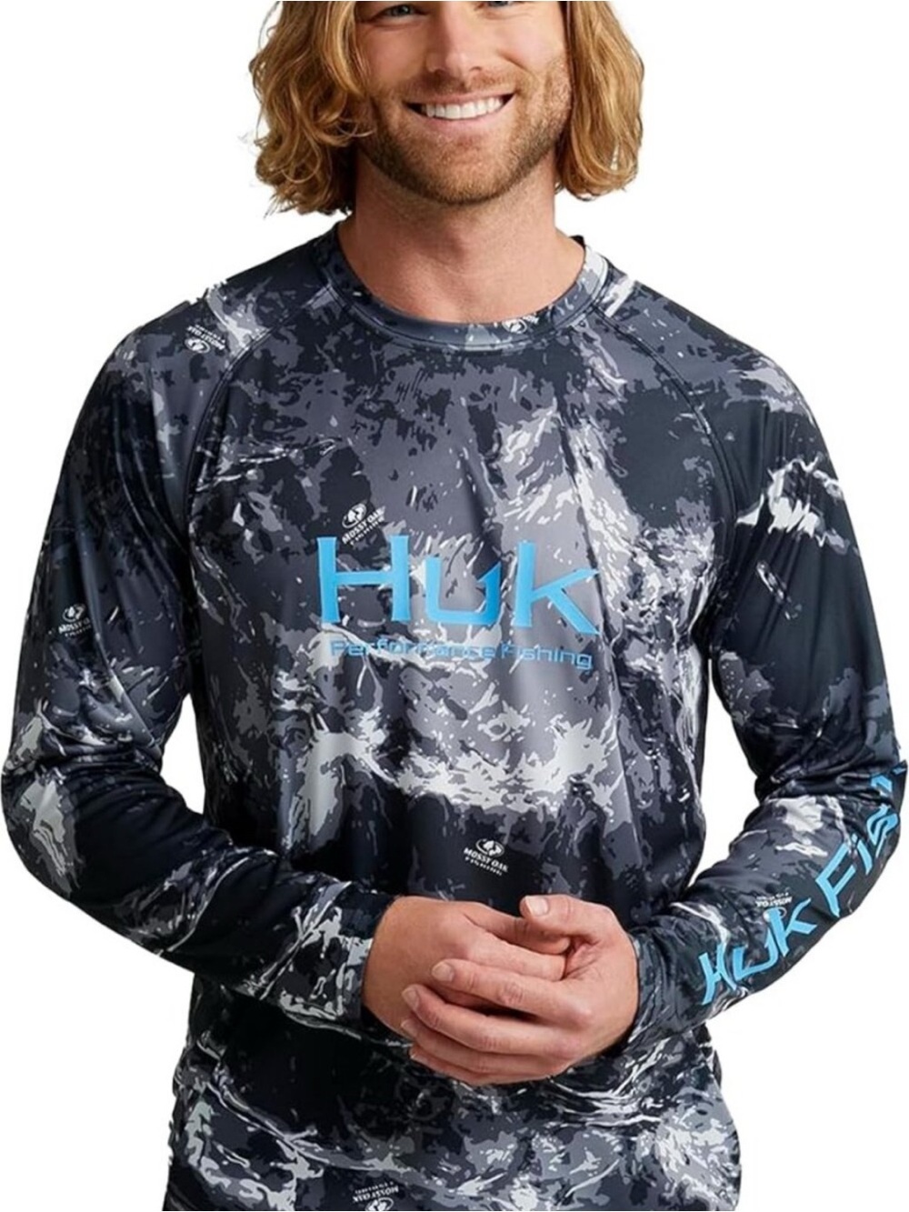 Huk Mossy Oak Men’s Performance Fishing Black & Gray Camo Shirt Size Medium